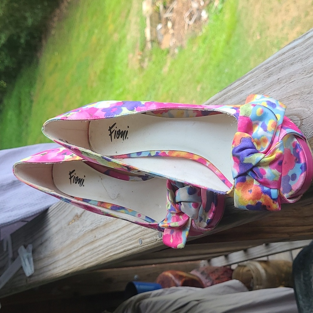 Fioni flower print pink open toe high heels bow front size women's us 8.5